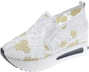 Platform Wedge Sneakers for Women Fashion Floral Embroidered Mesh Shoe Comfort Chunky Sole Hidden High Heels Slip On Loafers Dressy Casual Breathable Walking Shoes with Arch Support