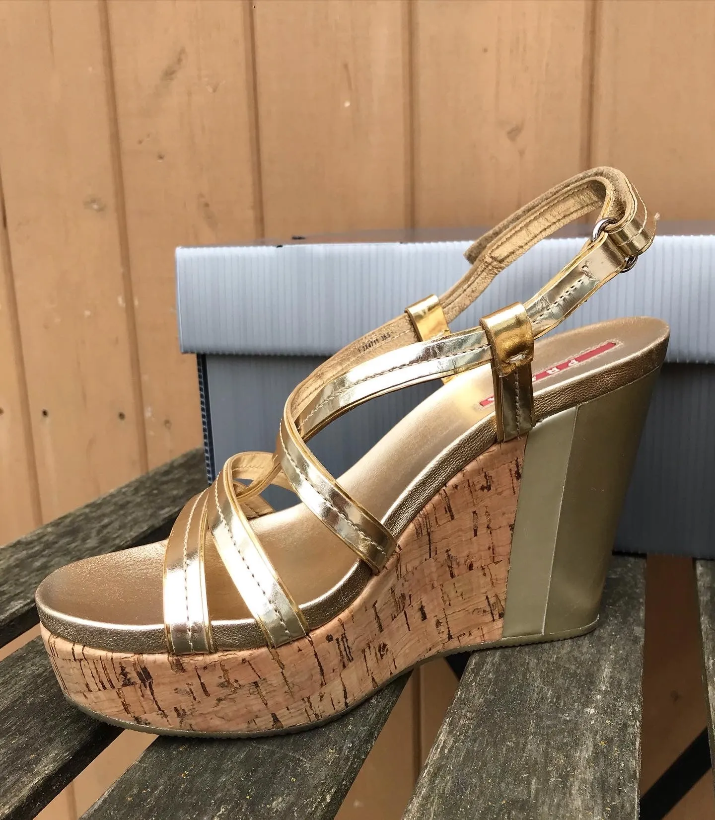 PRADA Patent Leather Cork Platform Wedge Sandals