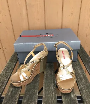 PRADA Patent Leather Cork Platform Wedge Sandals
