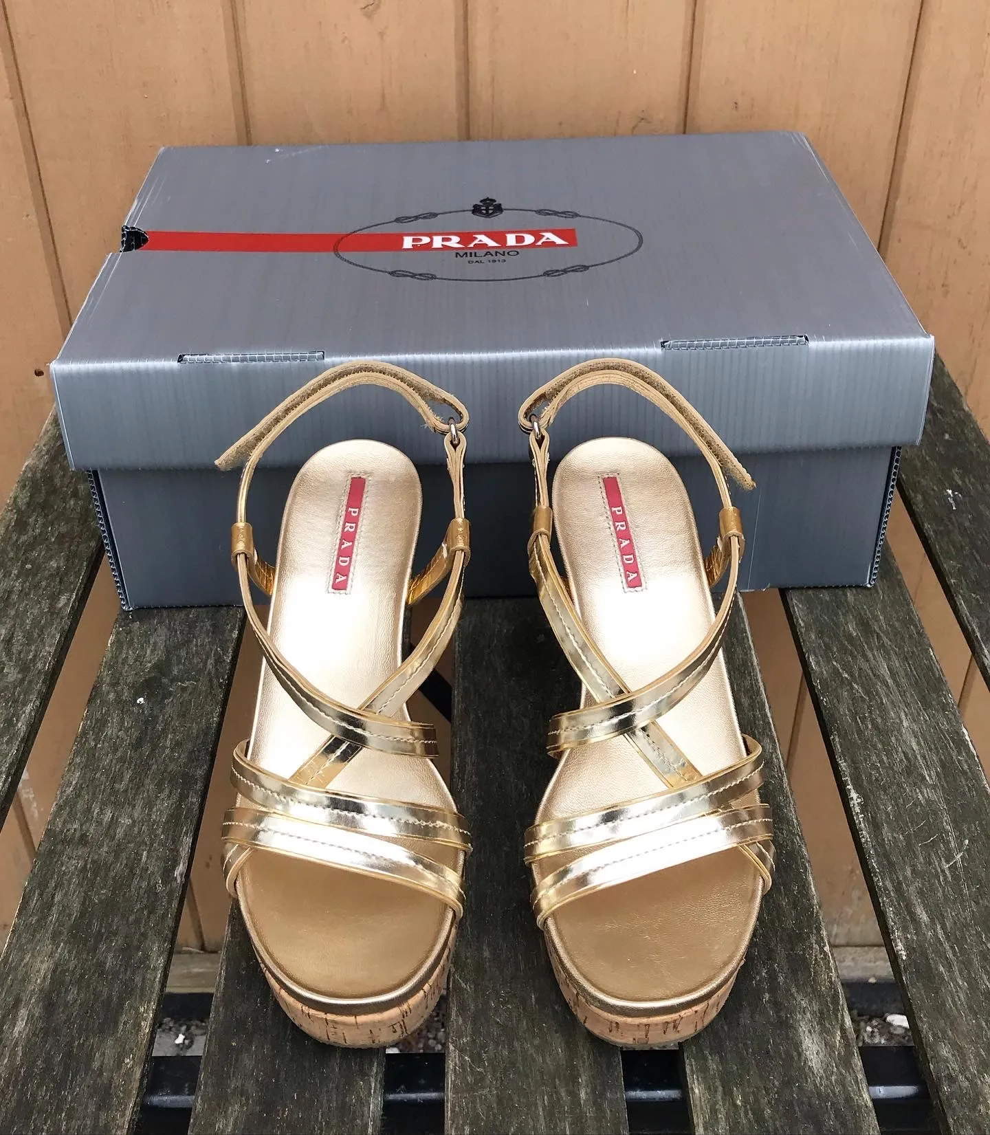 PRADA Patent Leather Cork Platform Wedge Sandals