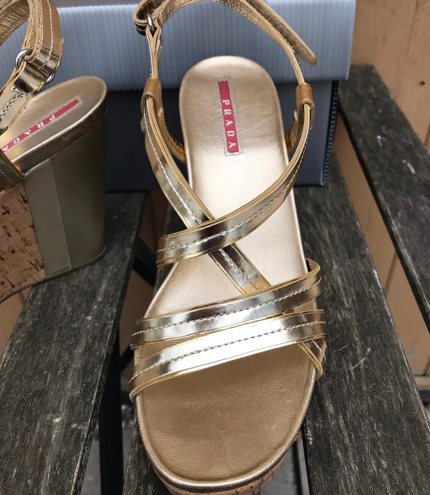 PRADA Patent Leather Cork Platform Wedge Sandals