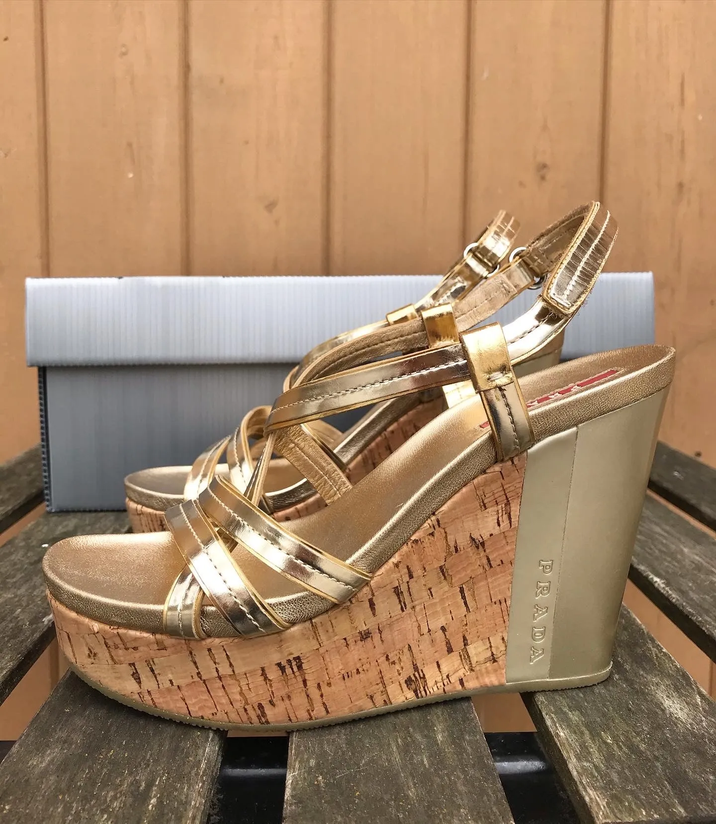 PRADA Patent Leather Cork Platform Wedge Sandals