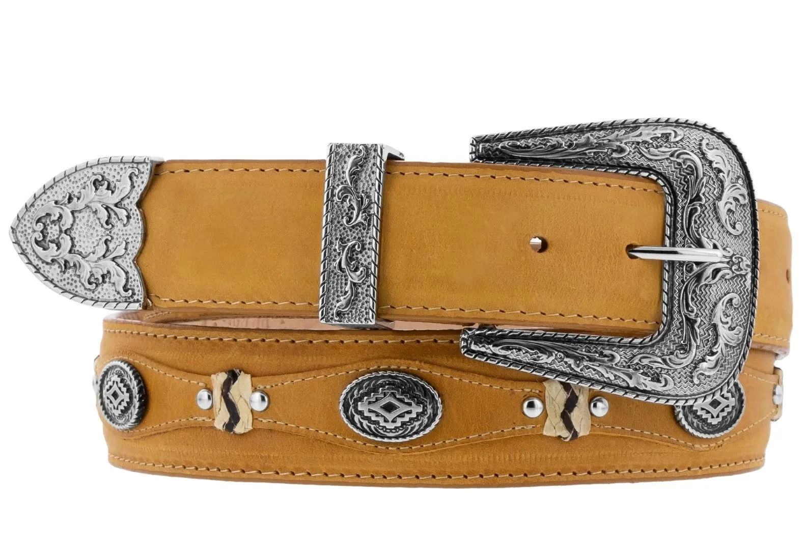 Rustic Sand Western Cowboy Leather Belt Navajo Concho - Silver Buckle