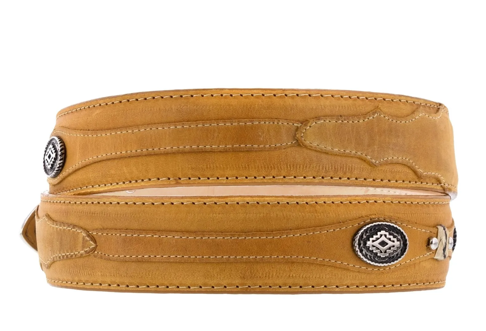 Rustic Sand Western Cowboy Leather Belt Navajo Concho - Silver Buckle