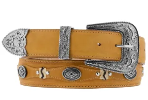 Rustic Sand Western Cowboy Leather Belt Navajo Concho - Silver Buckle