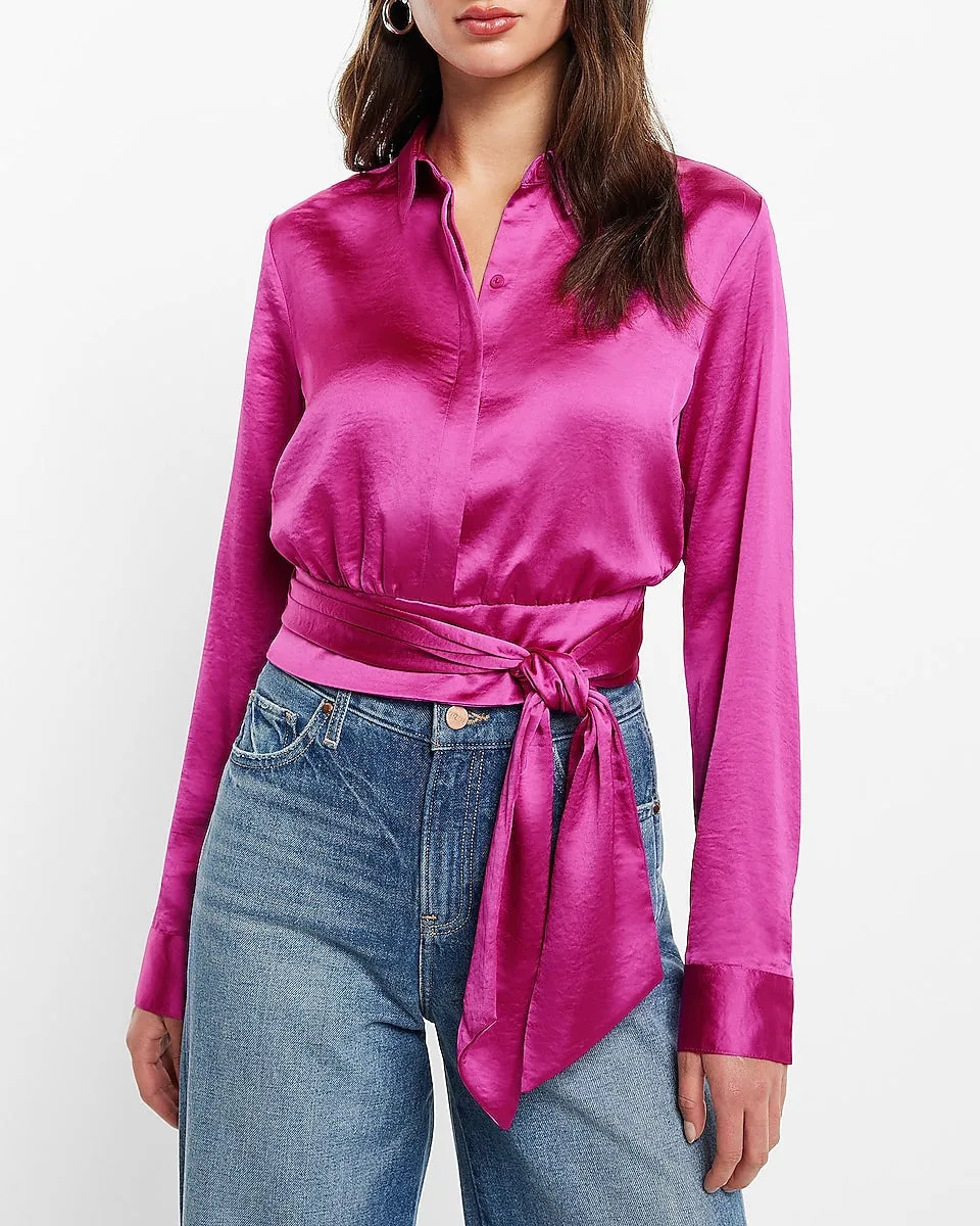 Satin Tie Front Banded Bottom Portofino Shirt in Exotic Magenta