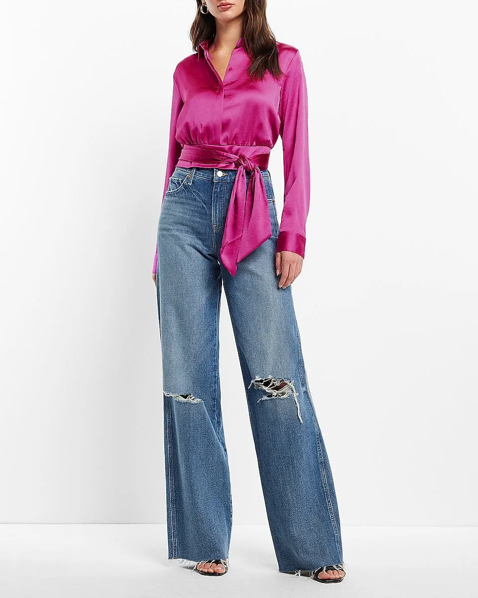 Satin Tie Front Banded Bottom Portofino Shirt in Exotic Magenta