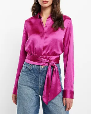 Satin Tie Front Banded Bottom Portofino Shirt in Exotic Magenta