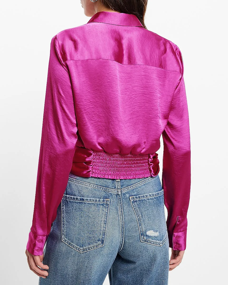 Satin Tie Front Banded Bottom Portofino Shirt in Exotic Magenta