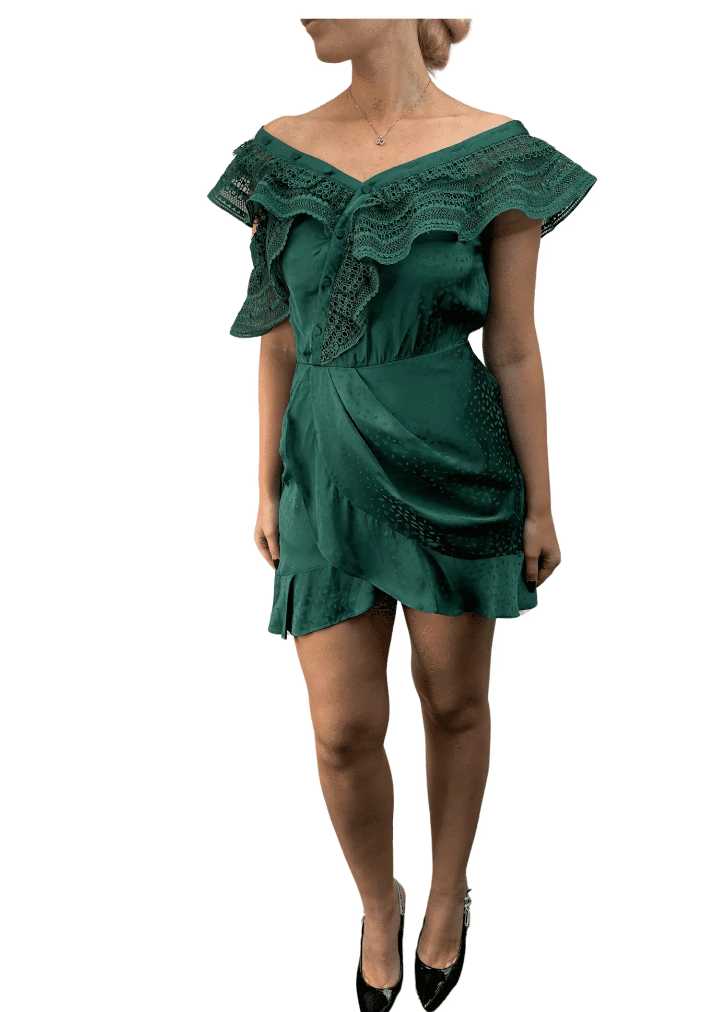 SELF-PORTRAIT - Ruffled One Shoulder Faux Wrap Dress