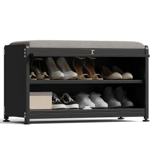 timeless Shoe Storage Cabinet with 2 Tier Shoe Rack, Entryway Bench with Cushion, Metal, Black