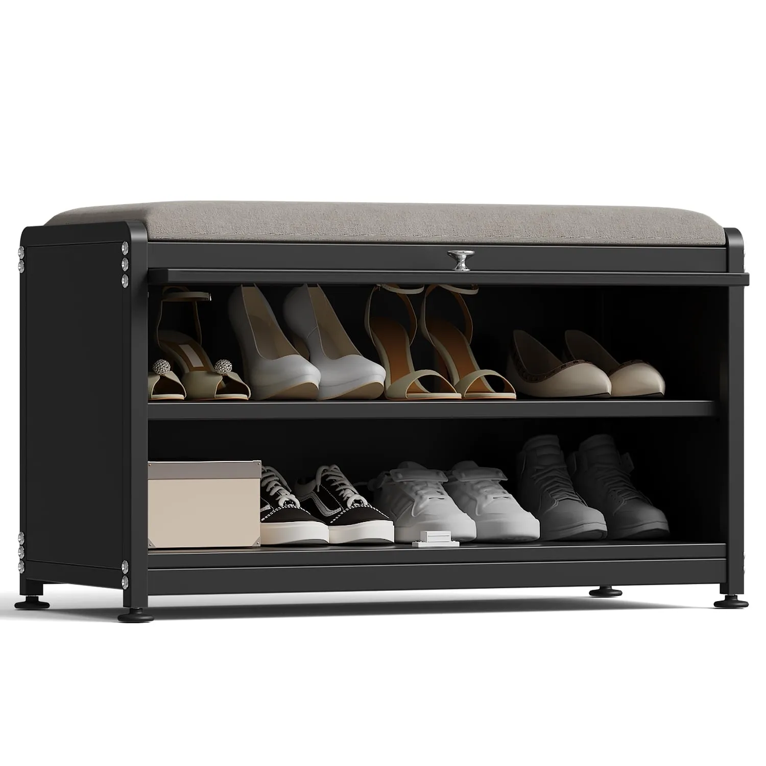 timeless Shoe Storage Cabinet with 2 Tier Shoe Rack, Entryway Bench with Cushion, Metal, Black
