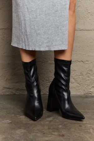 Weeboo Block Heel Sock Ankle Low Calf Bootie High Heeled Boots in Black
