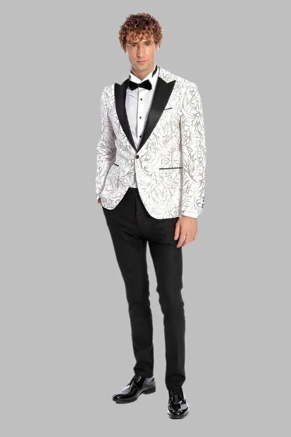 WSS Sparkling Ivy Patterned Slim Fit White Men Prom Blazer  - Singen