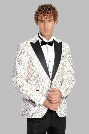 WSS Sparkling Ivy Patterned Slim Fit White Men Prom Blazer  - Singen