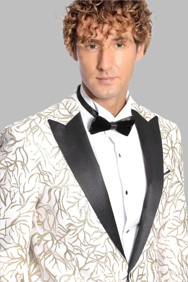 WSS Sparkling Ivy Patterned Slim Fit White Men Prom Blazer  - Singen