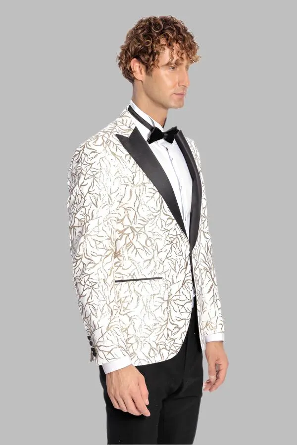 WSS Sparkling Ivy Patterned Slim Fit White Men Prom Blazer  - Singen