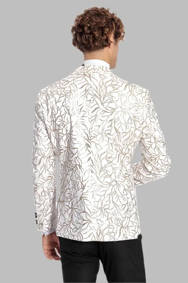 WSS Sparkling Ivy Patterned Slim Fit White Men Prom Blazer  - Singen