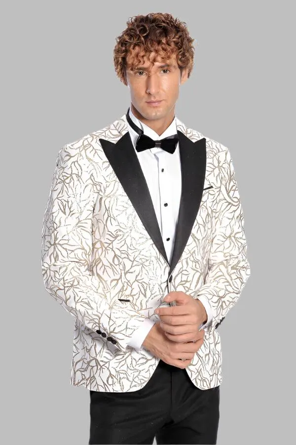 WSS Sparkling Ivy Patterned Slim Fit White Men Prom Blazer  - Singen