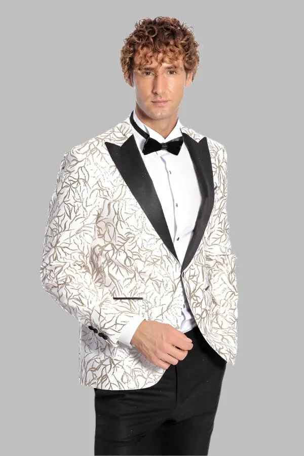 WSS Sparkling Ivy Patterned Slim Fit White Men Prom Blazer  - Singen